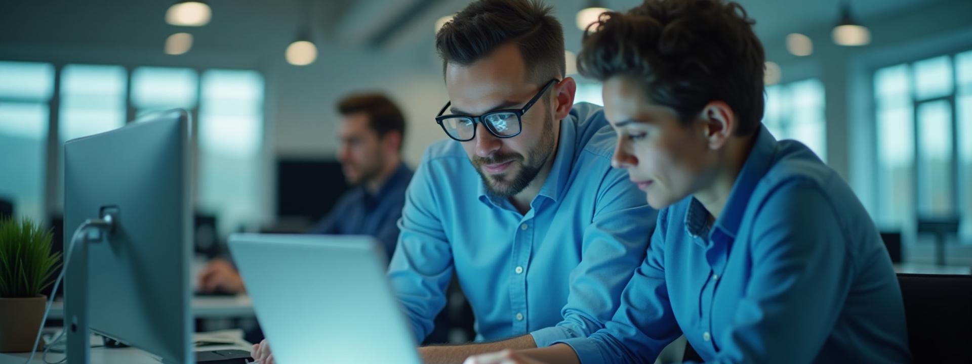 Два человека (ментор и менти) обсуждают код за ноутбуком в современном офисе, символизируя менторство и обучение.